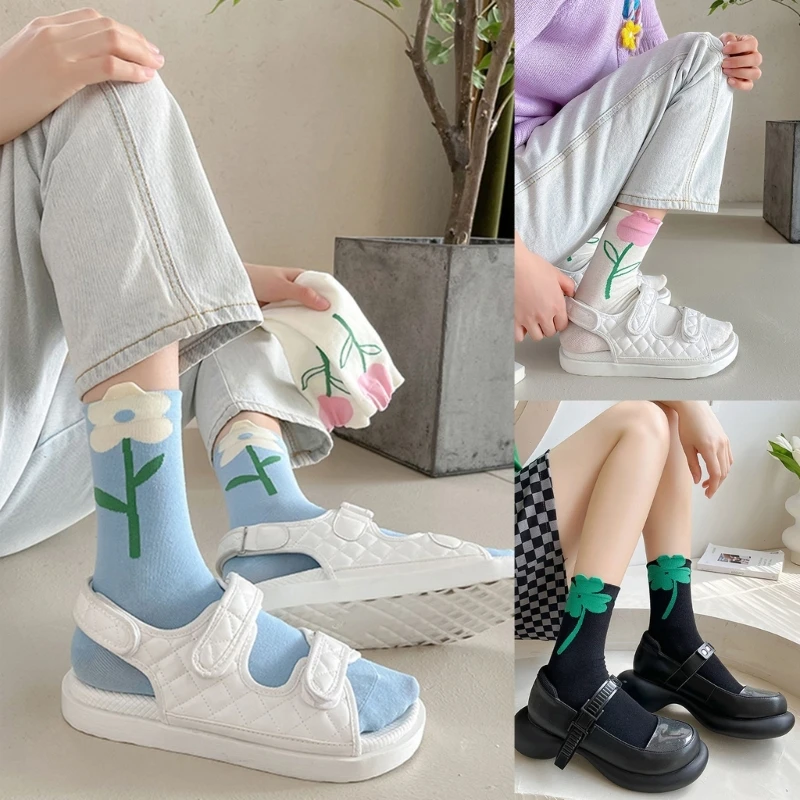 L93F Women Flower-Clovers Pattern Casual Cotton Crew Sock Spring Autumn Stocking