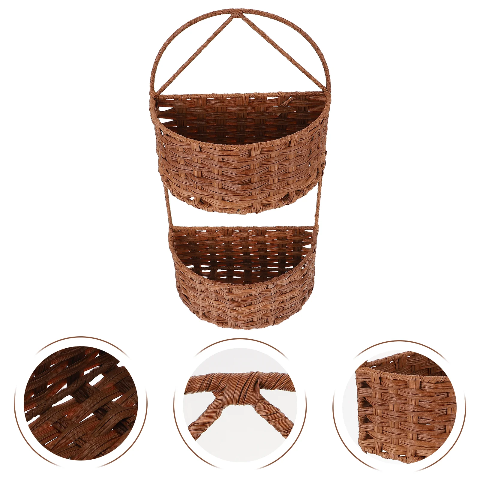 

Wall Hanging Woven Flower Baskets: Dual Layer Basket Household Hanging Sundries Small Items Container Rustic Flower Holder Brown