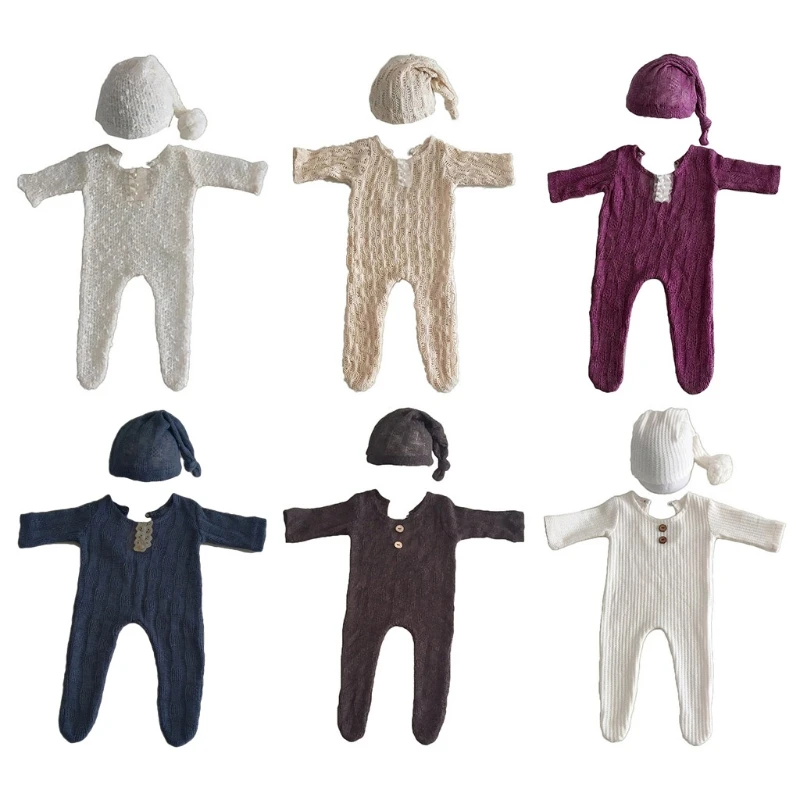 

2Pcs Newborn Photography Props Suit Romper Hat Set Long Sleeve Jumpsuits Outfit
