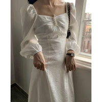 qweek vintage fairy white dress women retro elegant party princess wrap long sleeve dresses 2022 spring square collar zipper