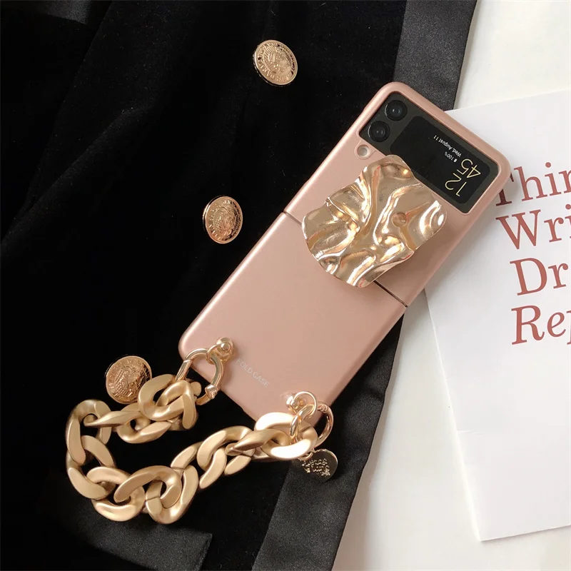 

Z Flip3 Luxury Thick Gold Chain With Irregularity Holder Phone Cover For Samsung Galaxy Z Flip 3 5G Rose Gold Hard PC Silm Case