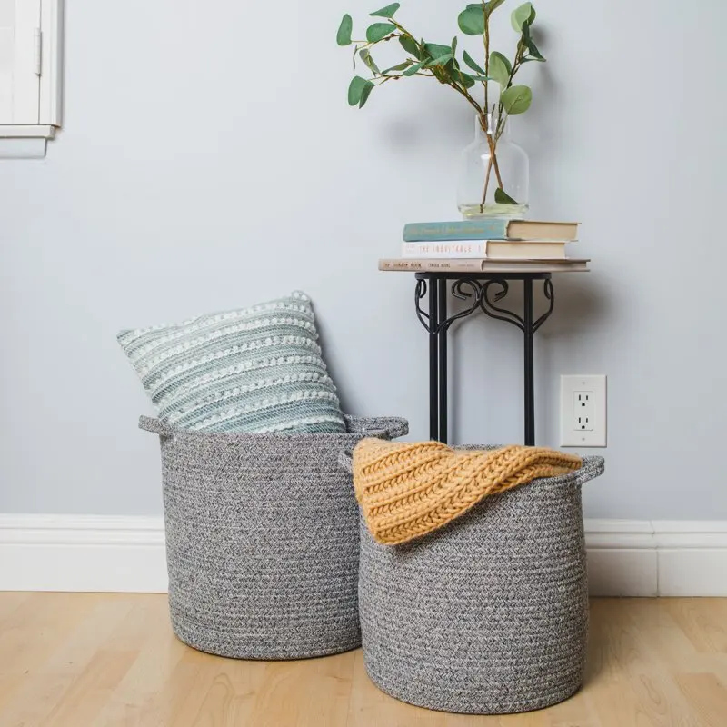 

Heavy Duty Durable Cloth Fabric XL+ Heavy Duty Durable Gray Cloth Fabric of 2 Round Coil Rope Storage Baskets