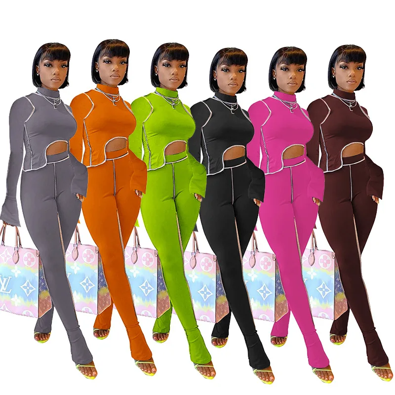 

New Autumn Women Casaul Long Sleeve Line Design Sports Two Piece Suits Asymmetric Turtleneck Tops Elastic Waist Pants Outfits