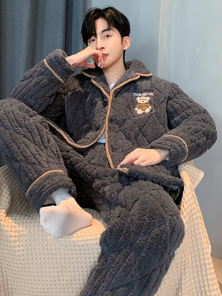 Пижамы мужские зимние новые утолщенные трехслойные стеганые теплые коралловые