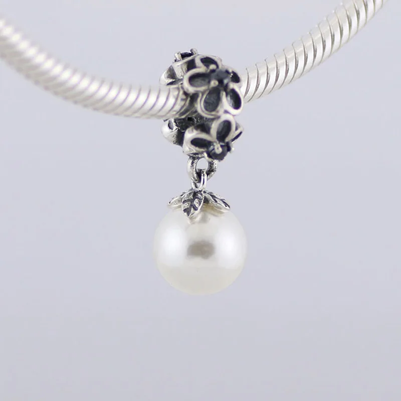 

Top Quality S925 Sterling Silver Bead Vintage Flowers with Pearl Dangle Charm fit Women Bracelets Bangles DIY Jewelry Gift