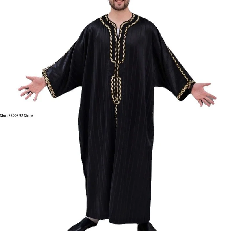 Abaya Men's Muslim Clothing Islam Black Striped Print Robe Oversized Long Sleeves Loose African Traditional Shirts Man Plus Size
