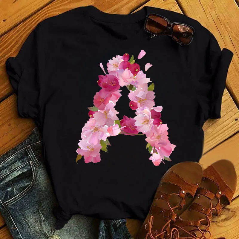 

Women T Shirt Spring Alphabet with Pink Flowers A B C D Print Short Sleeve T-shirt Female Harajuku 90s Summer Clothes Tops y2k