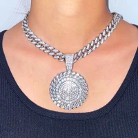 bling pave rhinestone round pendant necklace for women men hip hop iced out miami cuban link chain necklace statement jewelry