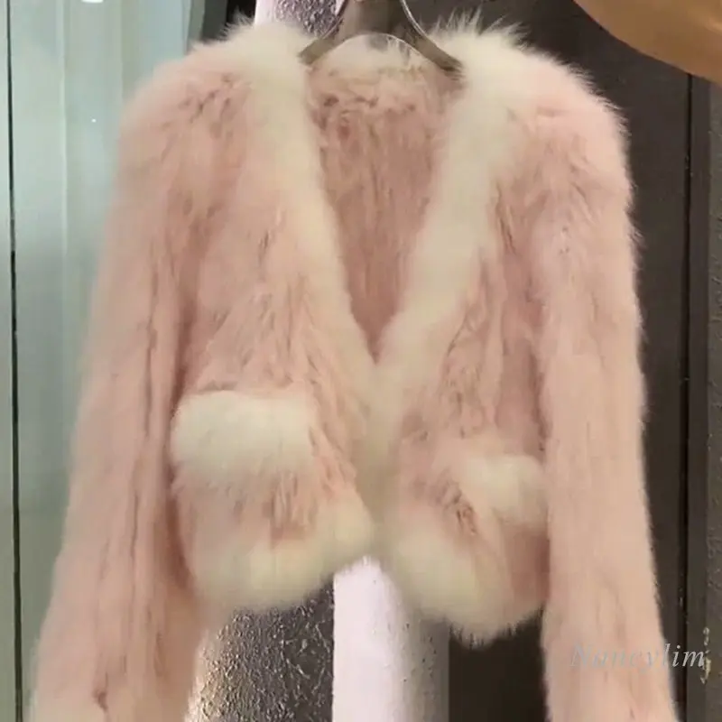 2022 Autumn Winter Faux Fox Coat Women Short Design V Neck Pink Furry Fur Jacket Contrast Color Streetwear Lady Chic Coats