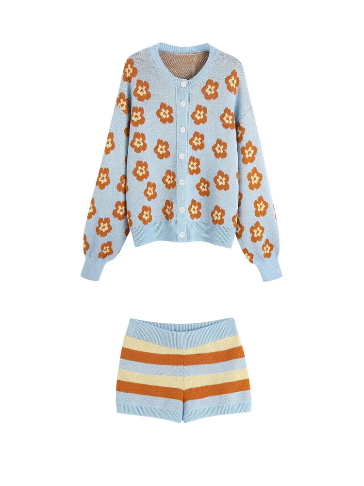 

2022 Spring Women Casual Suits 2 piece Sets Knitting Cardigan Sweaters Coats and Shorts Female Fashion Two pieces Suit