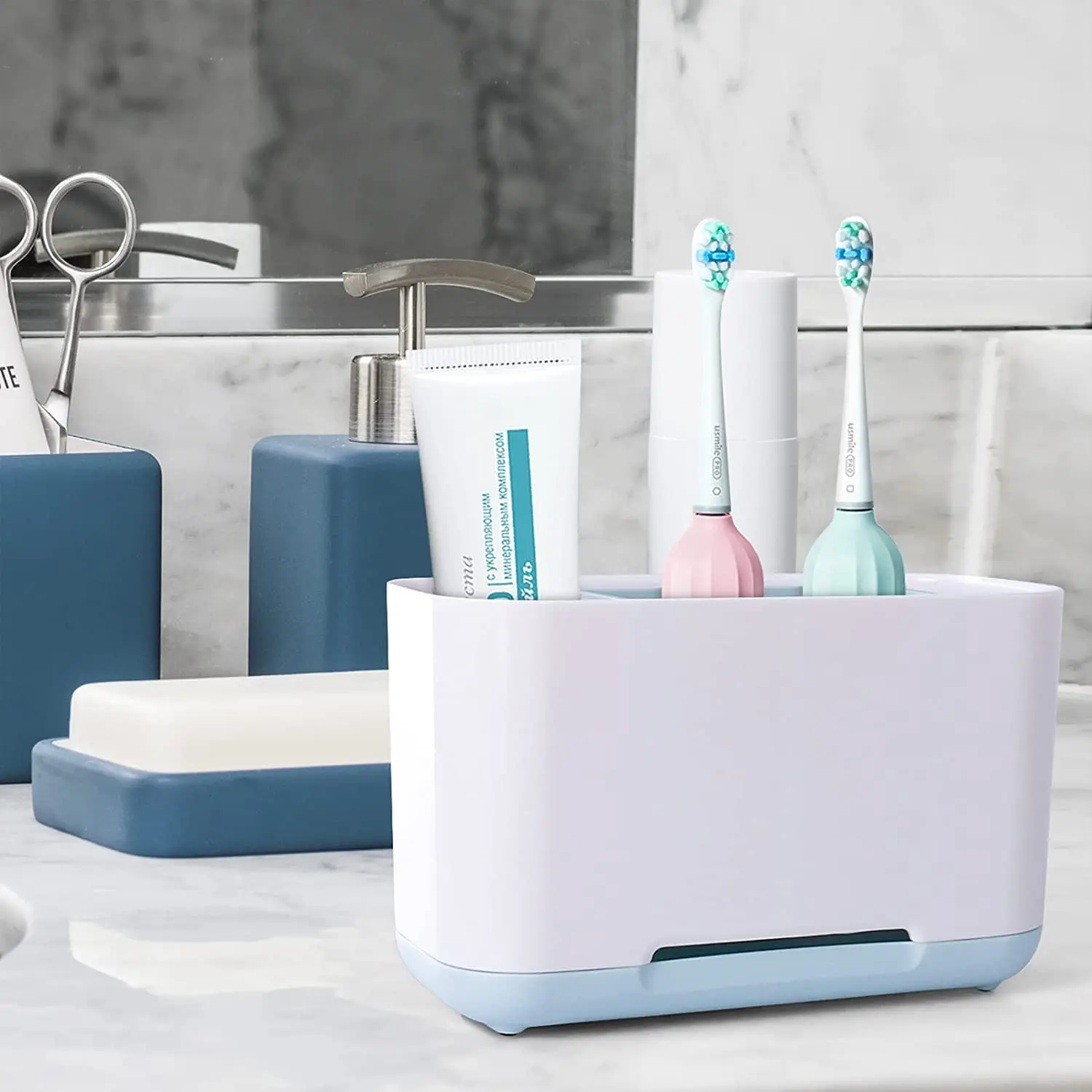 

Toothbrush Holder for Bathroom Large Electric Caddy with Drainage and Anti-Slip Base Plastic Toothpaste Vanity Sink Organizer