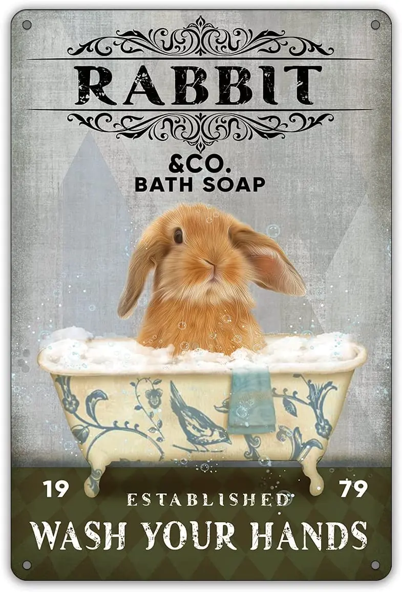 

Rabbit Picture Metal Tin Sign Bath Soap Wash Your Hands for Indoor Home Bathroom Wall Decoration 20X30Cm