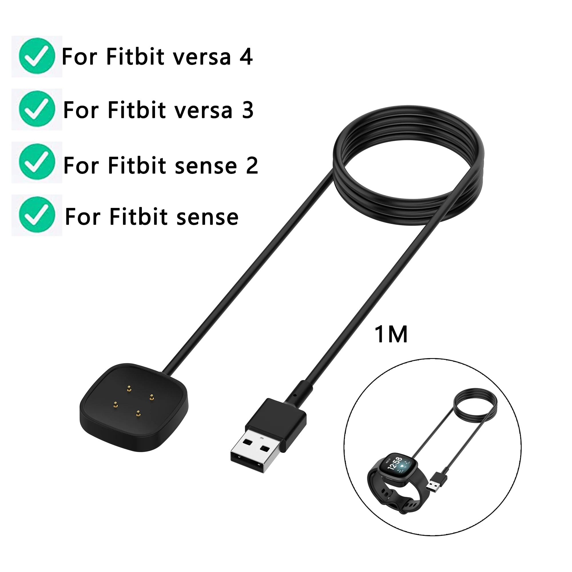 1m Charger Cable For Fitbit Sense Sense 2 USB Charging Cable Cord Clip Dock Accessories For Fitbit Versa 3 Versa 4 Smartwatch