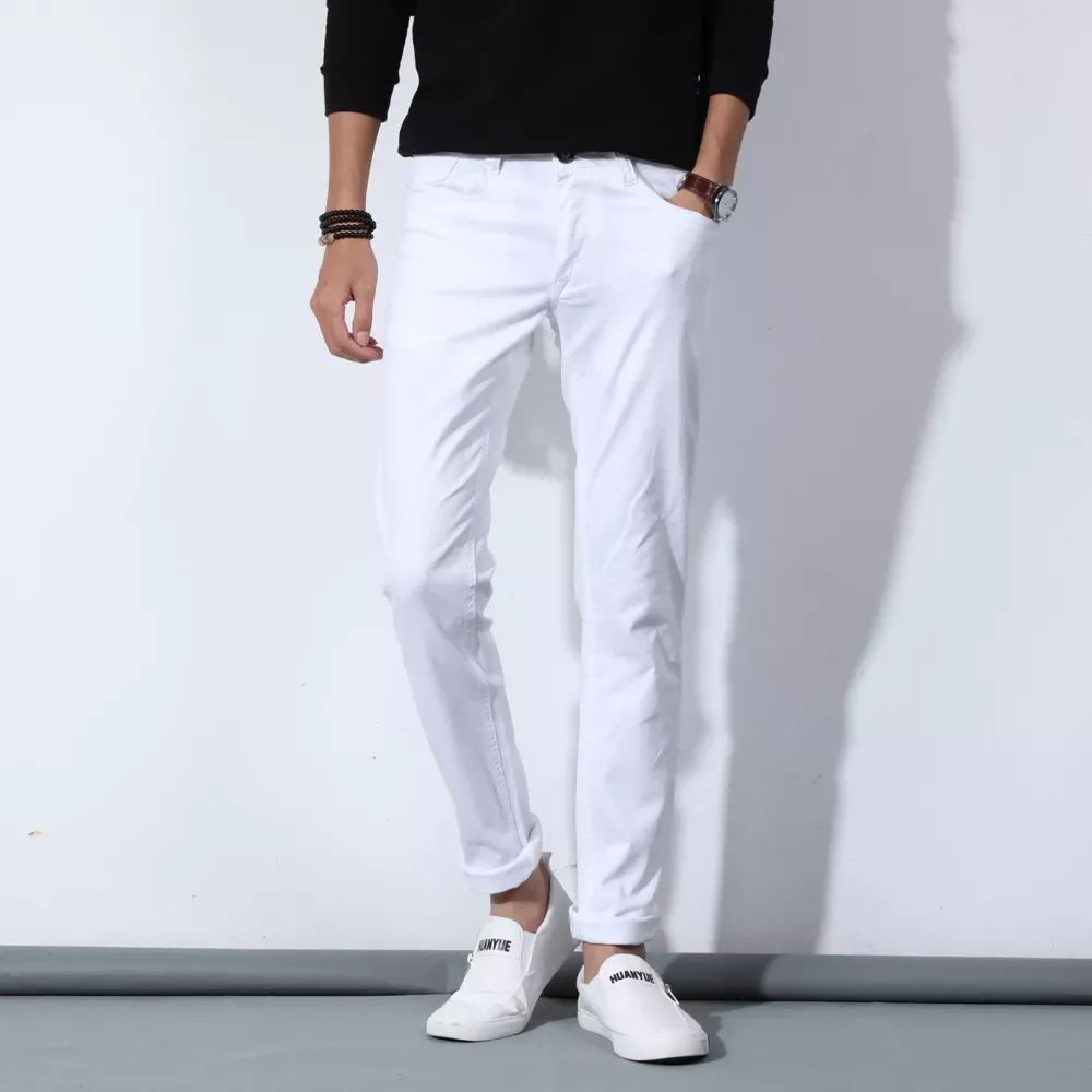 

NEW IN New Autumn Men's Pure White Cotton Jeans Fashion Casual Slim Stretch Pants Male Brand Clothes