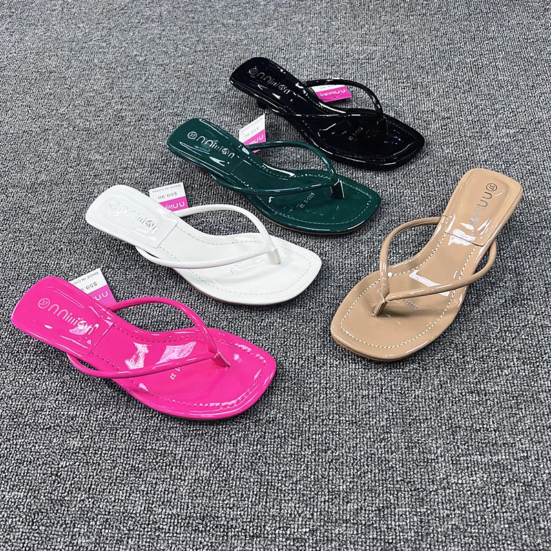 

2023 New Thin Low Heel Women Slipper Fashion Narrow Band Ladies Outdoor Beach Flip Flops Summer Dress Sandal Slides Shoes