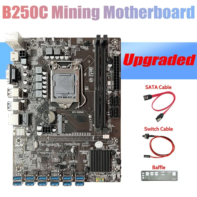 B250C ETH Miner Motherboard+Baffle+SATA Cable+Switch Cable 12 PCIE To USB3.0 Graphics Card Slot LGA1151 For BTC Mining