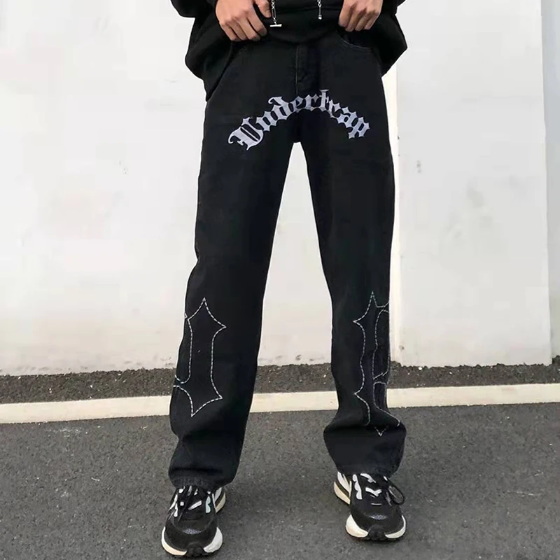 Y2K Mens/Women Black Streetwear Casual Harajuku Low Rise Skinny Grunge Male Jeans Pants Straight Denim Trousers Alt Clothes