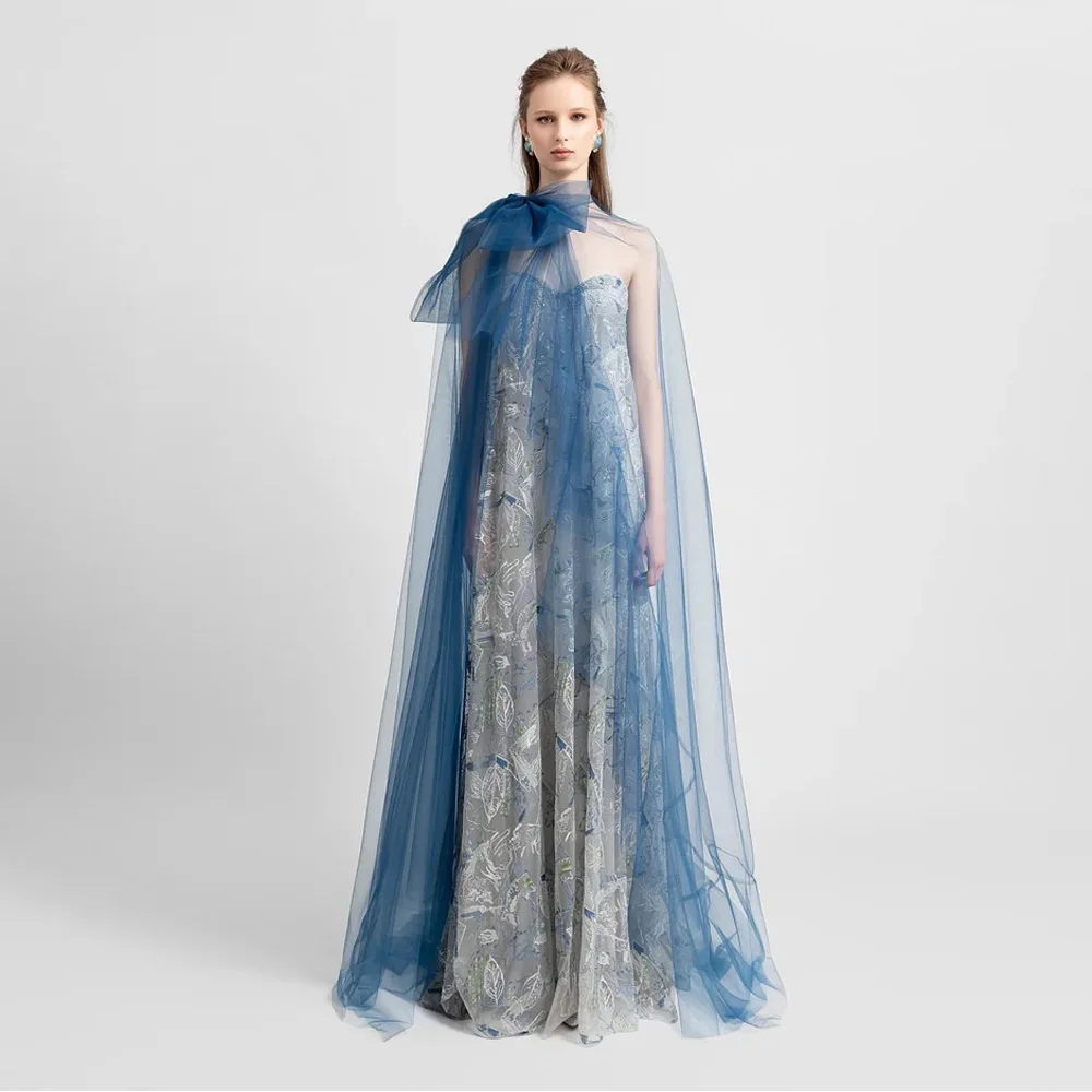 Женское платье-макси из тюля темно-синее длинное прозрачное платье в пол с бантом