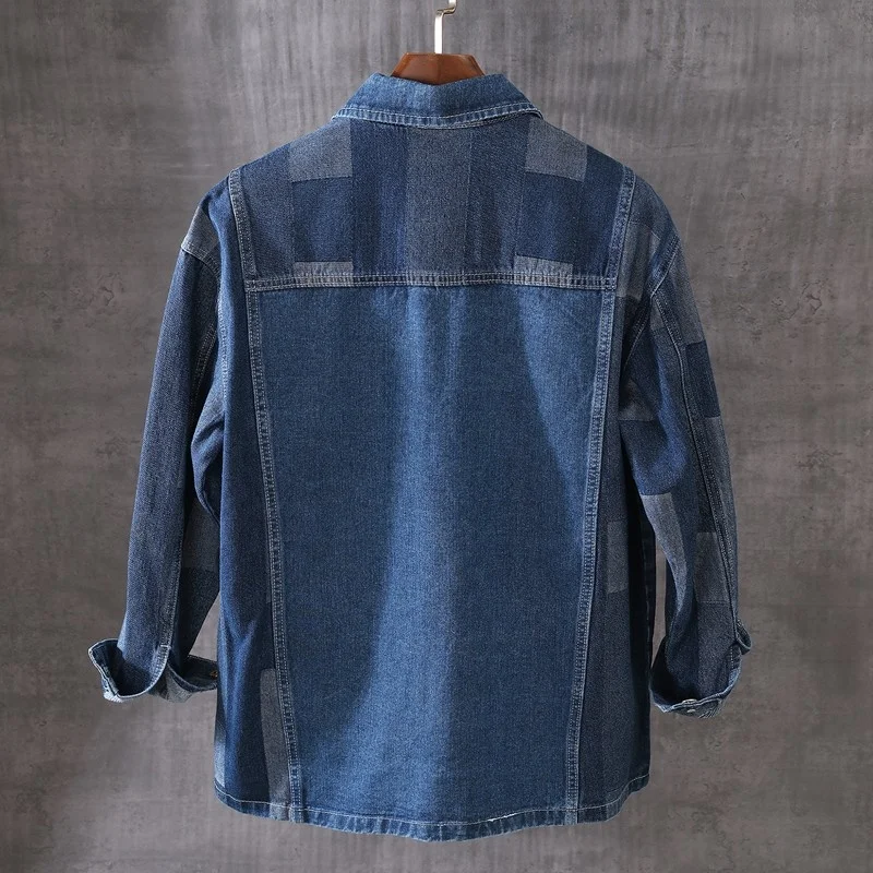 Thin Section Long Sleeve Tops Autumn Mens Denim Shirt Japanese Vintage Single Breasted Panelled Colors Loose Fit Casual Shirts