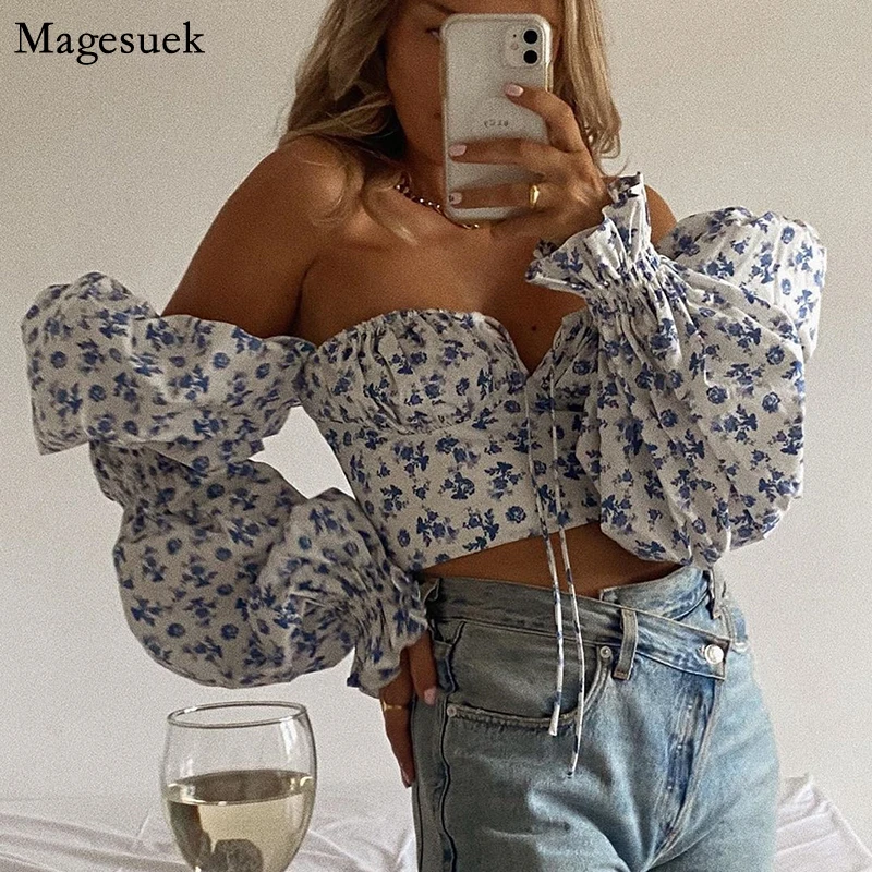 

Женский винтажный укороченный топ с цветочным принтом, Элегантная блузка с квадратным вырезом и буффами на рукавах, голубого цвета, 21975