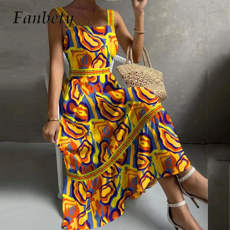 

Summer Sling Sleeveless Backless Beach Sundress Square Collar Color Print Long Dress Casual Ladies High Waist Slim A-line Dress