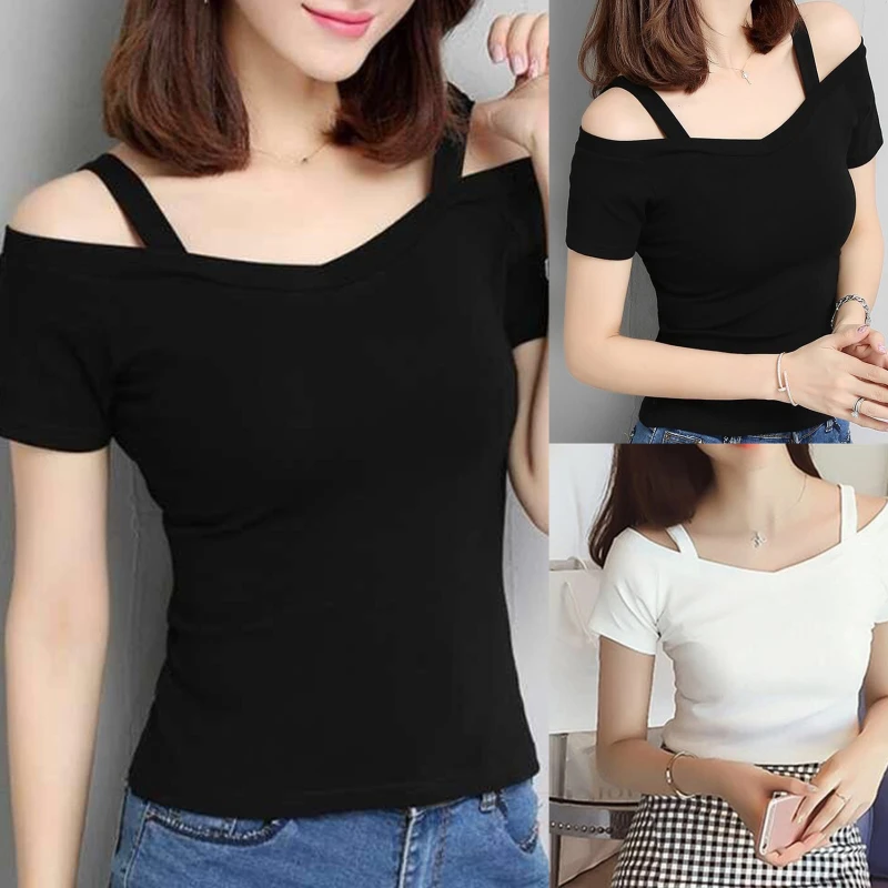 

Y2K Short Sleeve T Shirt Women Sexy Shoulder Off Korean Fashion Tee Shirt Femme Slim V Neck Tshirt Woman Summer Clothes Top