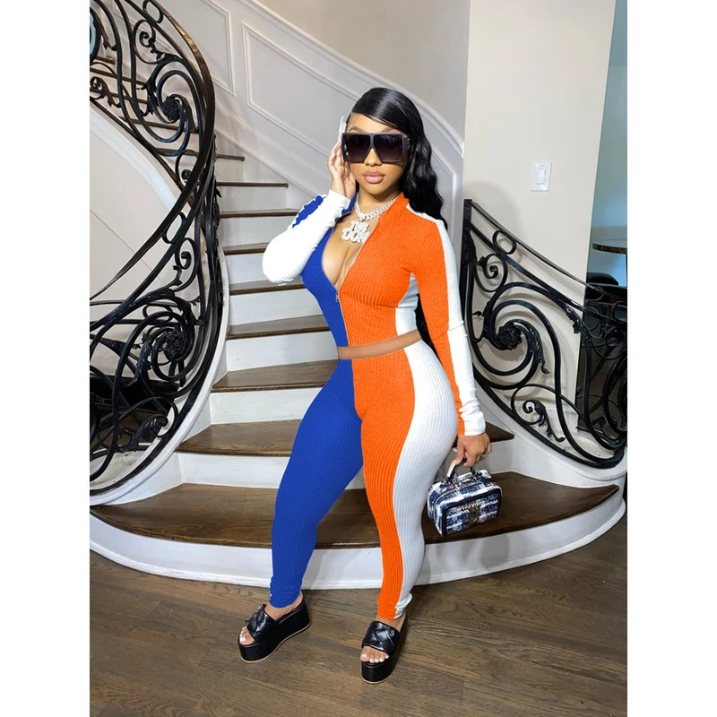 

Spring Sexy Two Piece Set Knitting Splicing Slim Long Sleeve Crop Top+Pants Sets Lounge Tracksuits Women Streetwear Wholesale