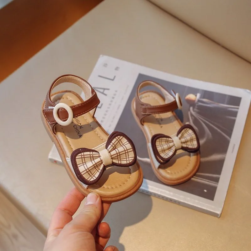 

Baby Girls Leather Sandals Kids Bowtie Princess Shoes Children Open-toe Color Matching Beach Shoes Houndstooth 2023 New