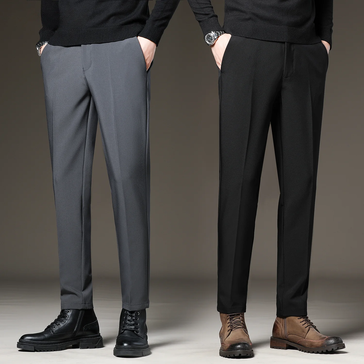 

Spring Summer Men‘s Suit Pants Slim Business Office Elastic Waist Black Grey Classic Korean Trousers Male Plus Size 27-38 40 42