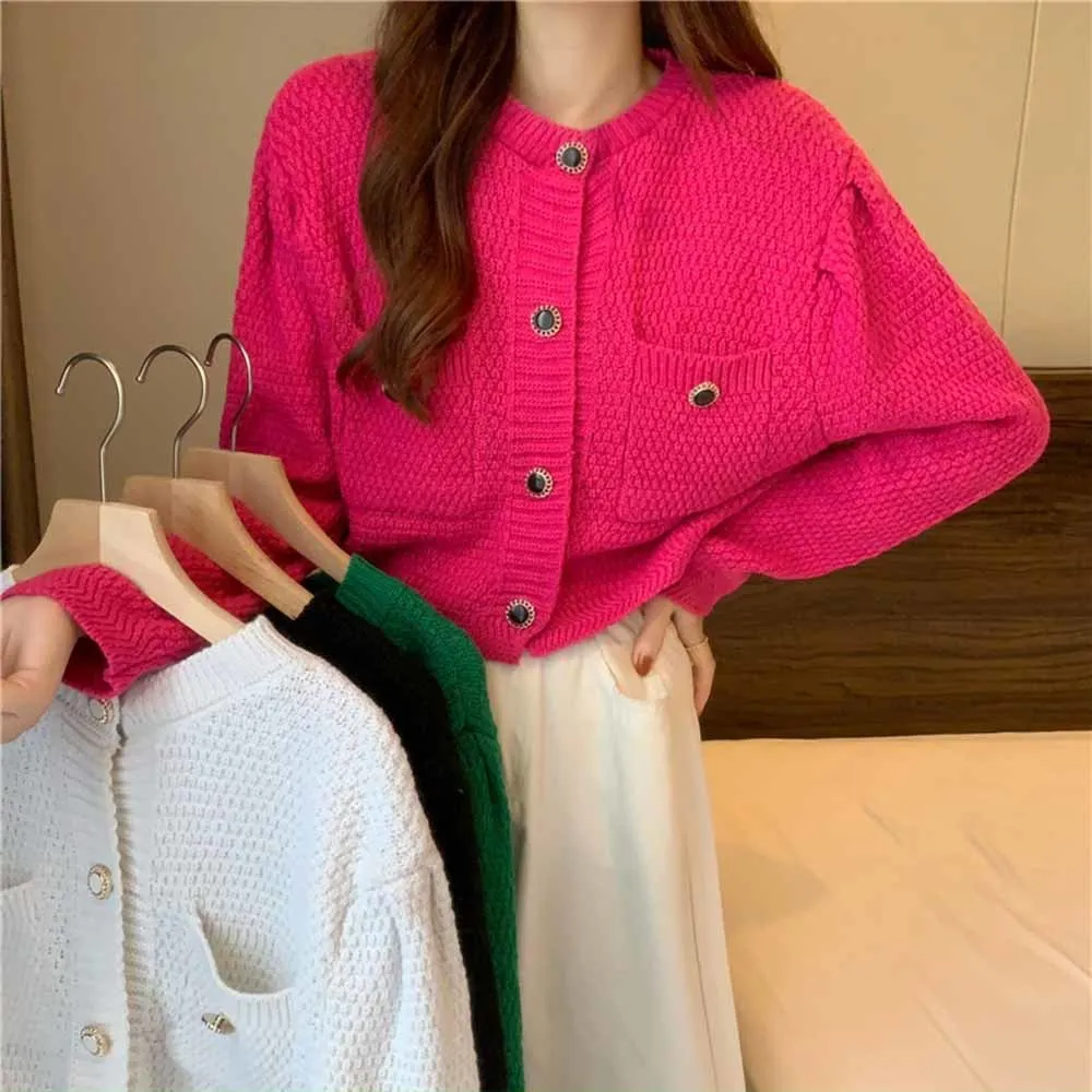 

Double Pocket Puff Sleeve Knitted Sweater Korean Autumn Retro Temperament Sweater Round Neck Chic Button Loose Pullover