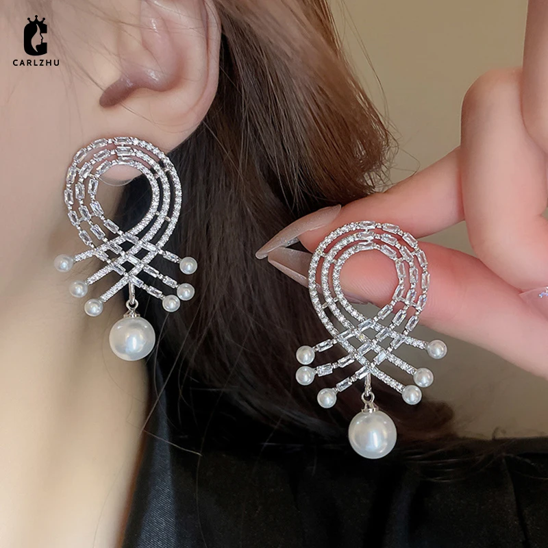 

Korean Fashion Zircon Geometric Pearl Droplet Drop Earrings for Women Light Luxury Versatile Party Jewelry