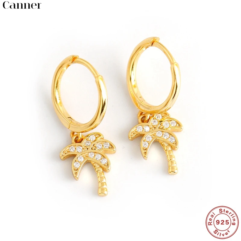 

Canner 925 Sterling Silver Hoop Earring European and American Ear Buckle Golden Silver Coconut Tree Huggies Earring Wedding Gift