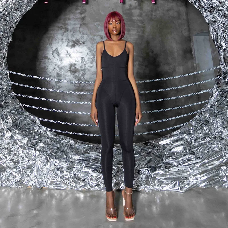 

2023 autumn and winter splicing U-neck suspenders backless chain tights slim sports feet one-piece trousers women