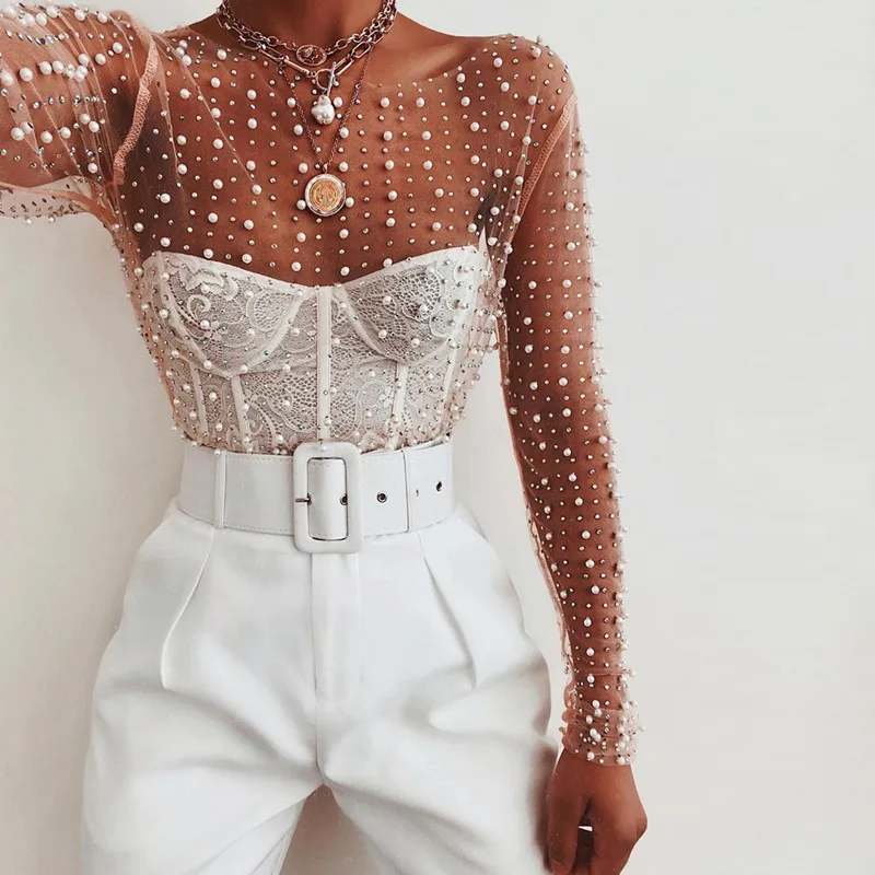 

Summer Lace Pearl Mesh Top Women Mesh Top Spring Ladies Long Sleeve Transparent Sexy Top Cover Up Clubwear