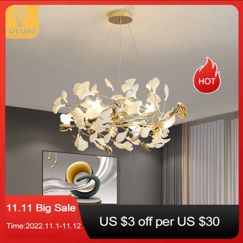 Скидка Люстра для гостиной, креативная Роскошная Подвесная лампа для зала, постмодерн, освещение для ресторана и бара, дизайнерский дизайн Ginkgo Leaf, ...