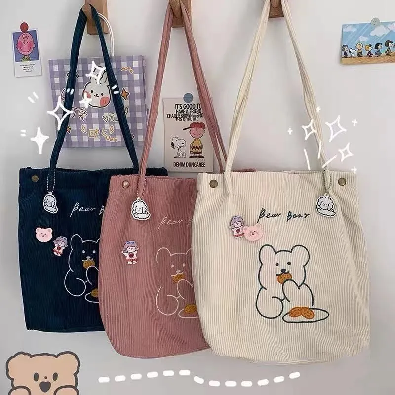 

Bag Japanese Corduroy Bear Shoulder Bag Women Cross Body Bag Animal Shopping Storage Bag Handbag New