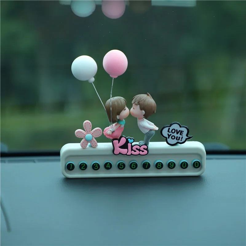 

Cartoon car temporary parking sign couple doll car with phone number moving license plate car interior accessories female