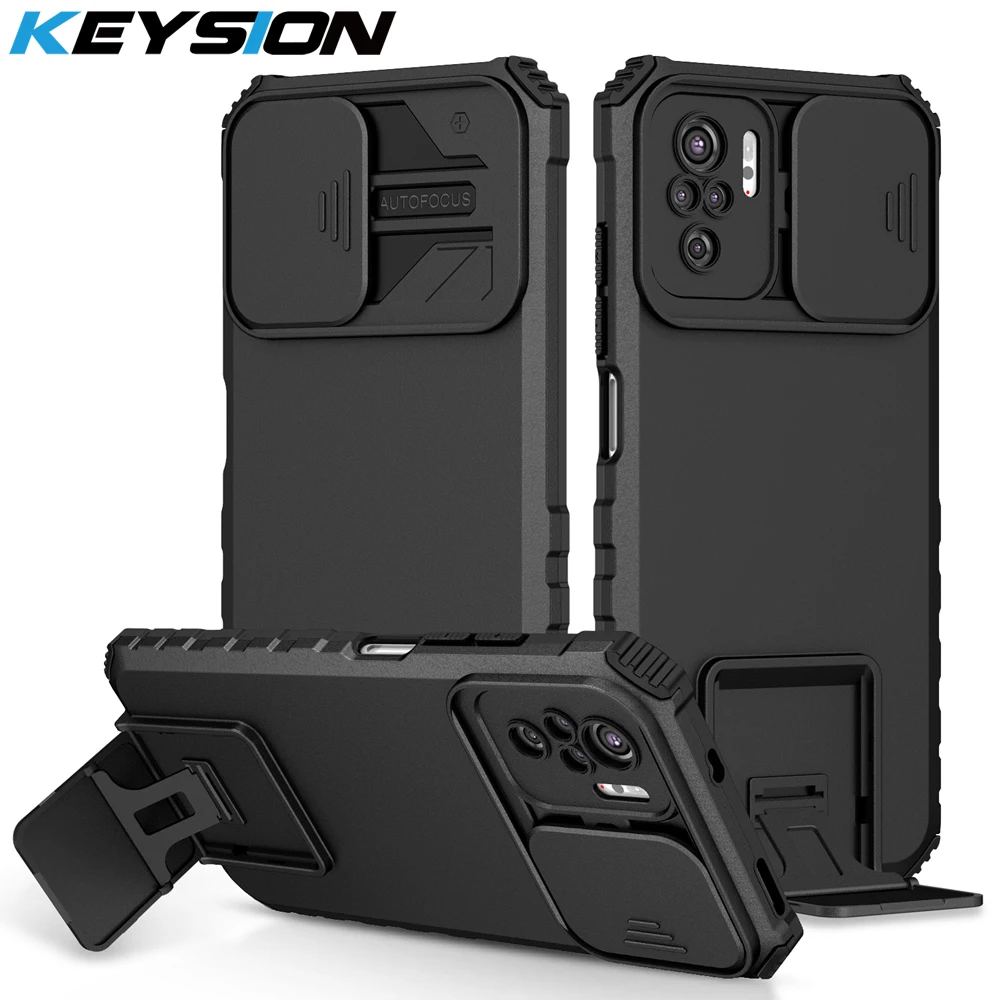 

KEYSION Shockproof Case for Xiaomi POCO M5S Push Pull Camera Protection Live Stand Phone Back Cover for Redmi Note 10S 10 Pro 4G