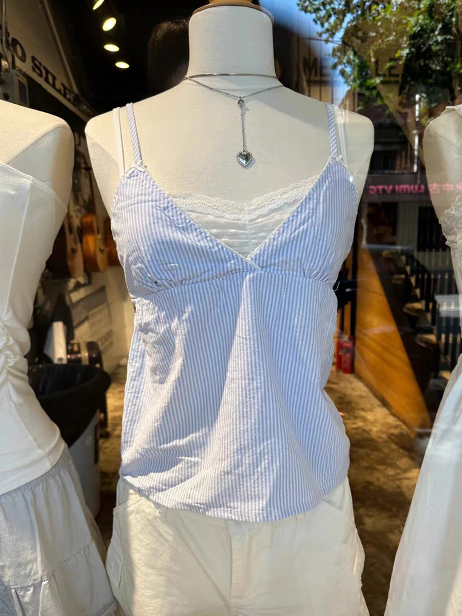 Женский винтажный укороченный топ синий хлопковый в полоску на шнуровке с