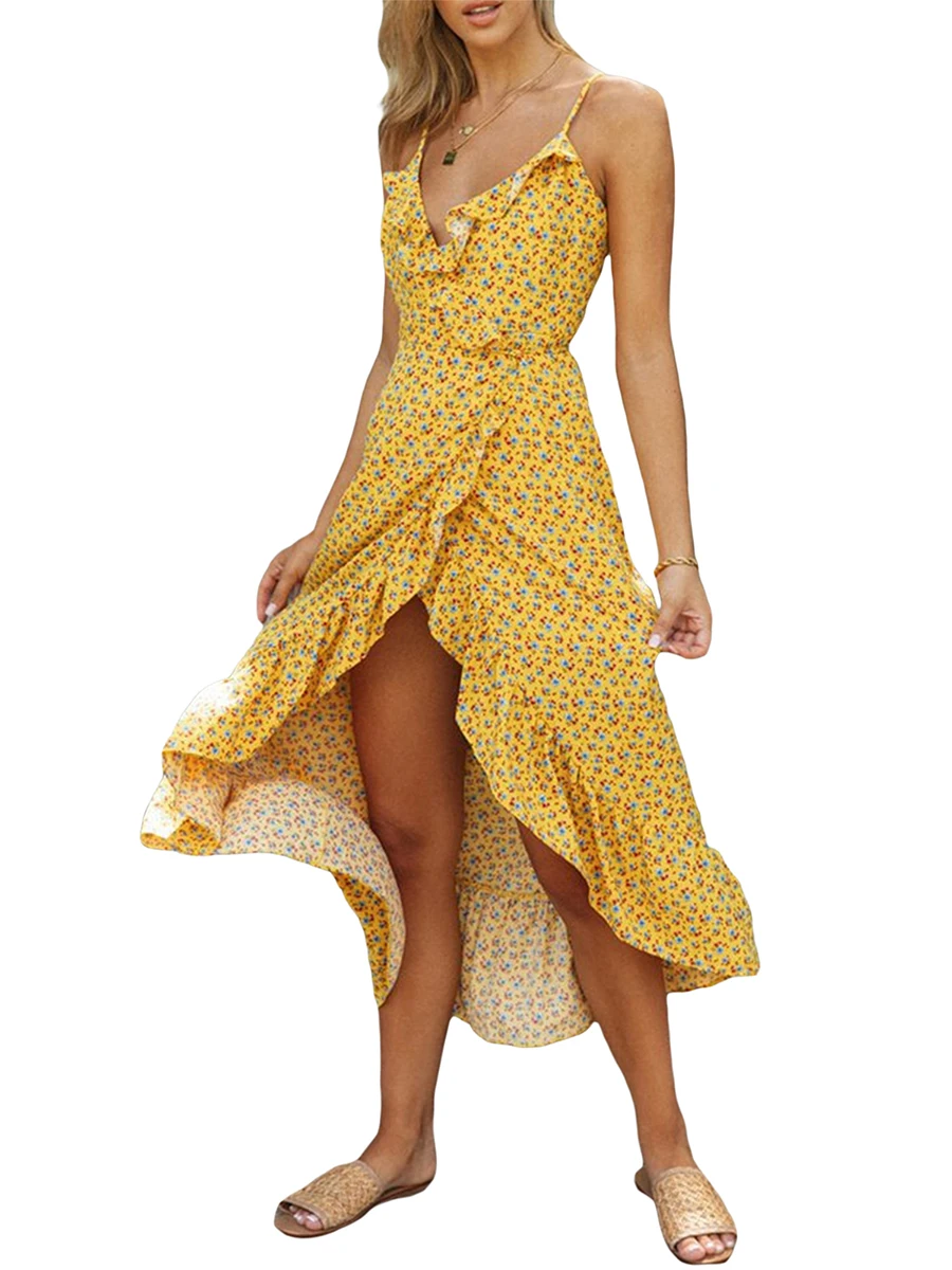 

Женское облегающее платье миди на бретелях-спагетти с цветочным принтом, с оборками, V-образным вырезом и вырезом сзади, стильный пляжный Сарафан