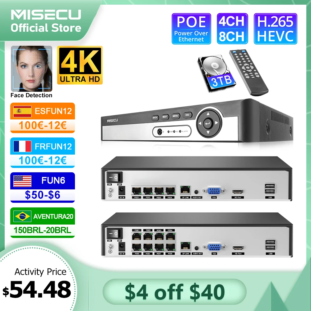 Сетевой видеорегистратор MISECU, H.265, 4 канала, 8 каналов, 1080P, 5 Мп, 8 Мп, 4K