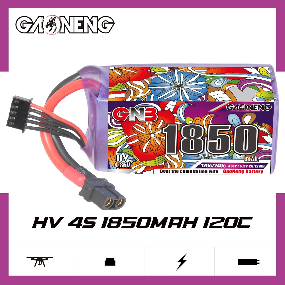 Gaoneng GNB 4S1P 1850 мАч 15,2 в 120C/240C LiHV Lipo батарея XT60 разъем для 5-дюймового радиоуправляемого гоночного дрона FPV вертолета Gaoneng GNB 4S1P 1850 мАч 15,2 в 120C/240C LiHV Lipo батарея XT60 разъем для 5-дюймового радиоуправляемого гоночного дрона FPV вертолета