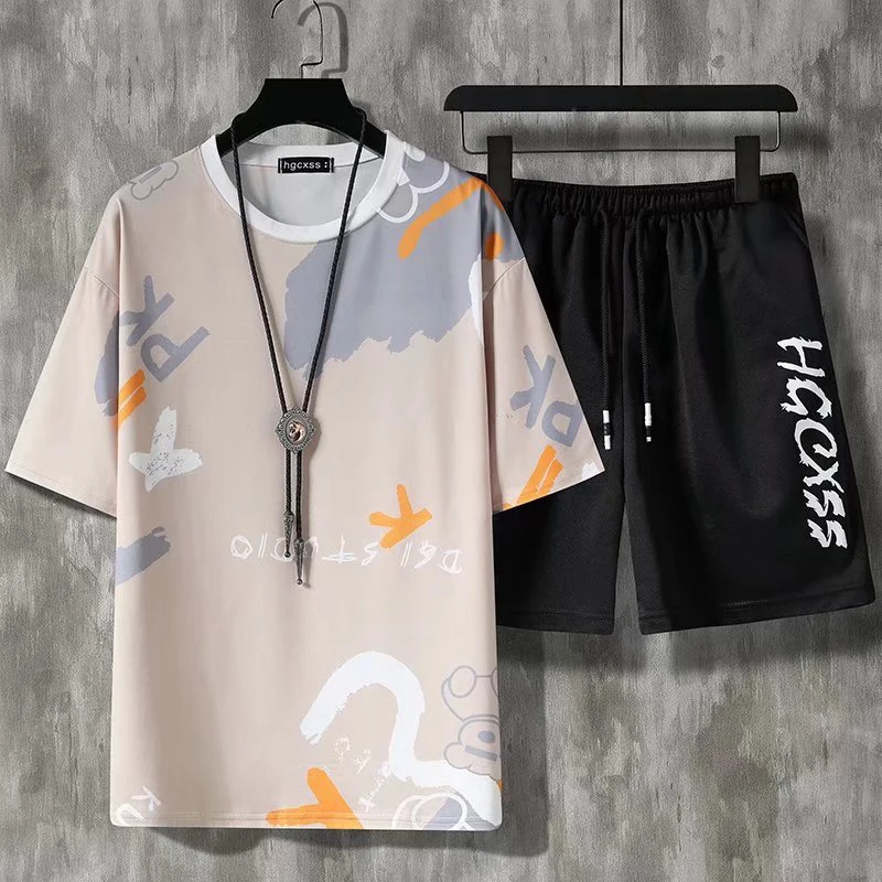 Men Short Sets 2023 Summer Harajuku T-shirt and Shorts Two Piece Set Fashion Casual Outfit Set Short Sleeve Male Tracksuit 5XL