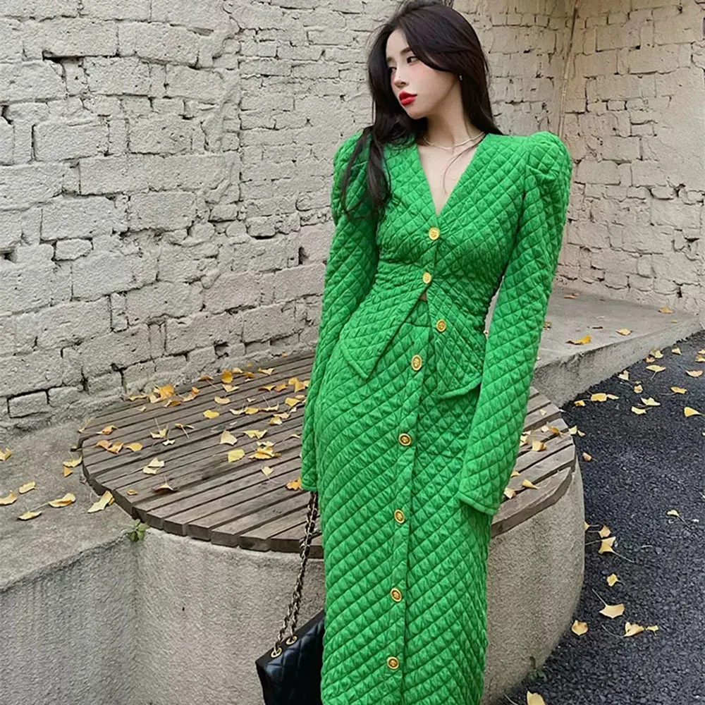 

Vintage Chic Plaid Two Pieces Skirt Set For Women Puff Sleeve V Neck Jacket Coat + High Waist Mid-long Skirt Fall Outfits Women