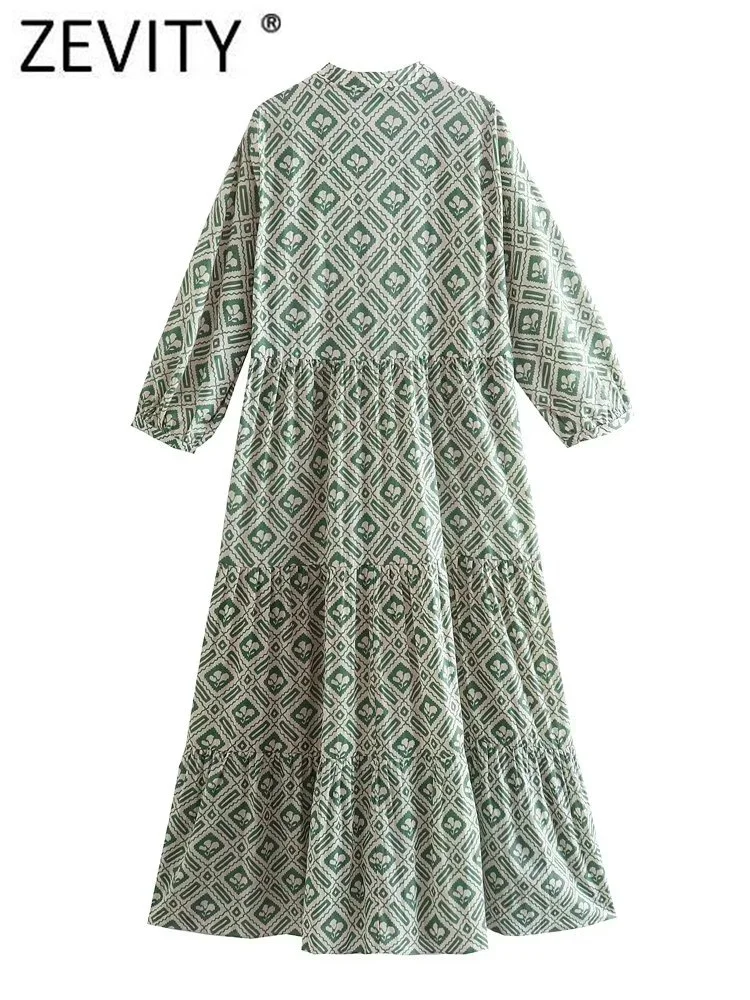Zevity Women Vintage Geometric Floral Print Pleats Midi Shirt Dress Female Chic V Neck Lace Up Casual Retro Vestidos DS1811