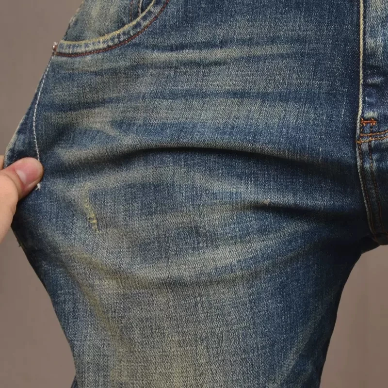 Autumn Men Retro Blue Jeans Streetwear Slim Fit Straight Pants Korean Style Vintage Scratched Denim Trousers CP2031