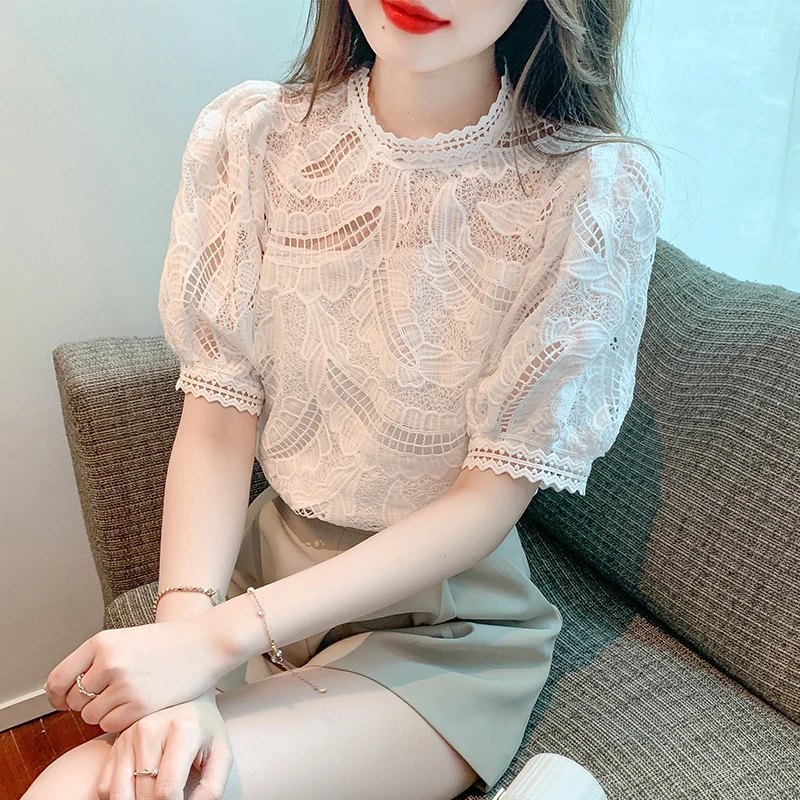 

Fashion Standing Collar White Shirt 2023 New Korean Summer Women Tops Elegant Puff Sleeve Hollow out Blouse