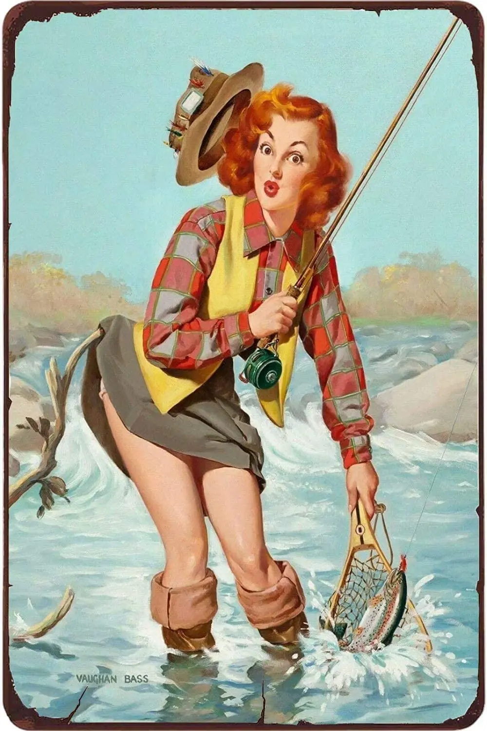 

Pin Up Girl Angler Fishing. Logo Retro Iron Painting Metal Plate Decoration Club Cafe Bar Home Classic Retro 20x30cm