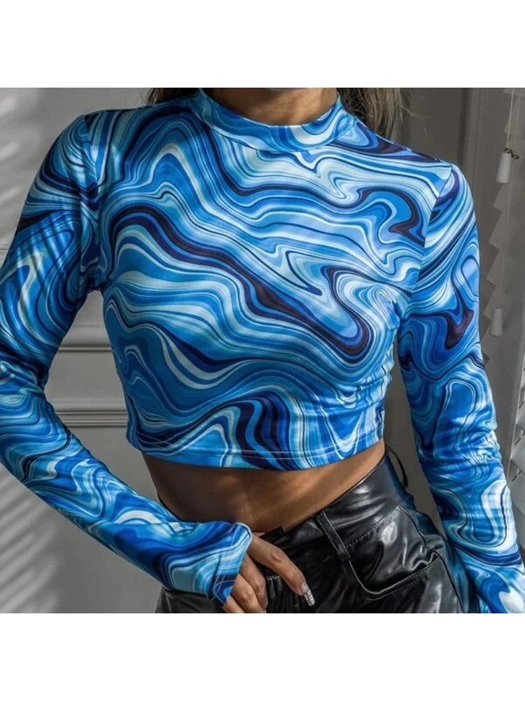 

Fashion Printed Women Long Sleeve Crop Tops Sexy Exposed Navel Gym T-shirts Quick Dry Fitness Workout Women Clothes Summer