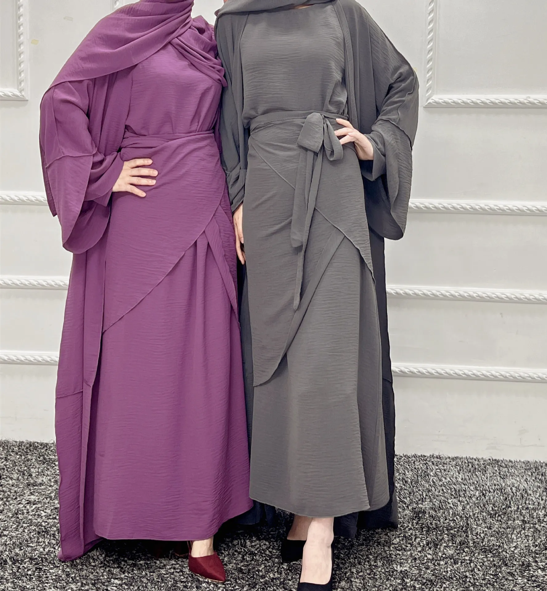 Eid 3 Piece Matching Muslim Sets Crinkle Abayas for Women Dubai Hijab Dress Open Abaya Kimono Wrap Front Maxi Skirt Islam Outfit